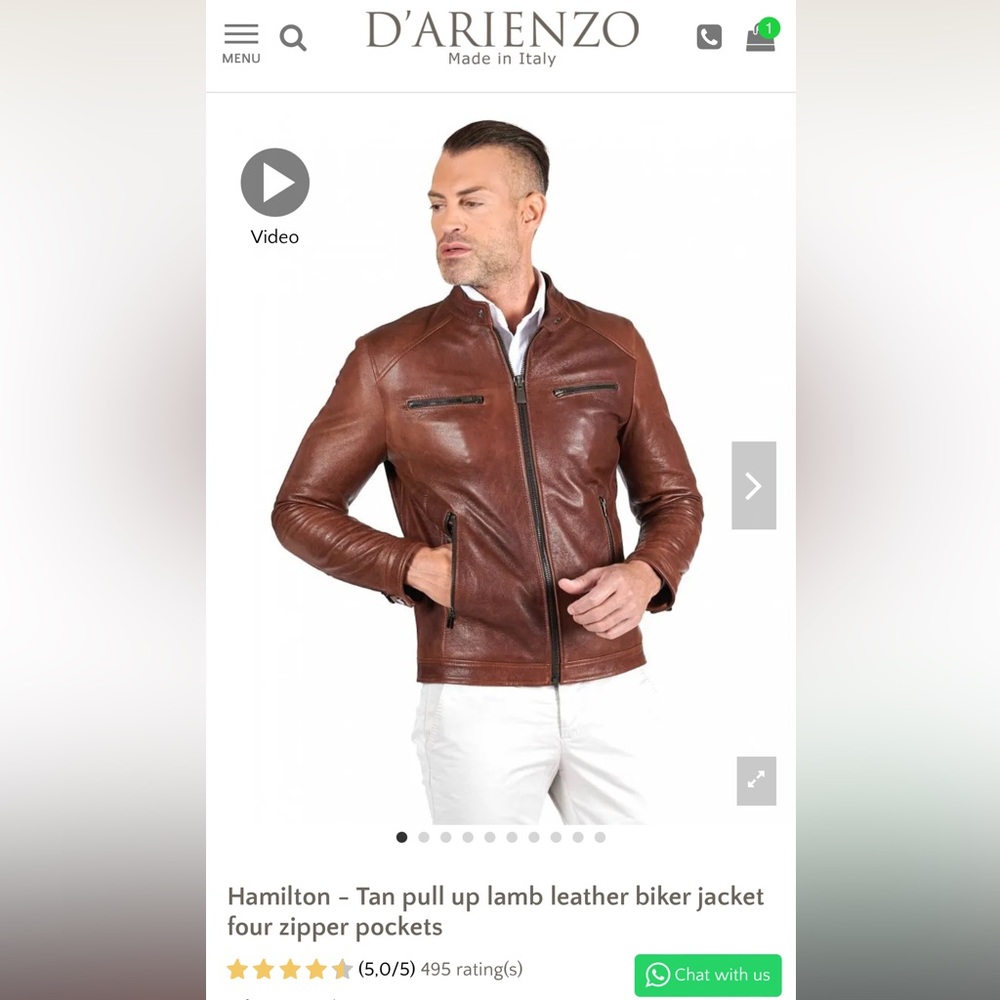 Men’s D’Arienzo Hamilton leather jacket, tan, size 50, slightly used